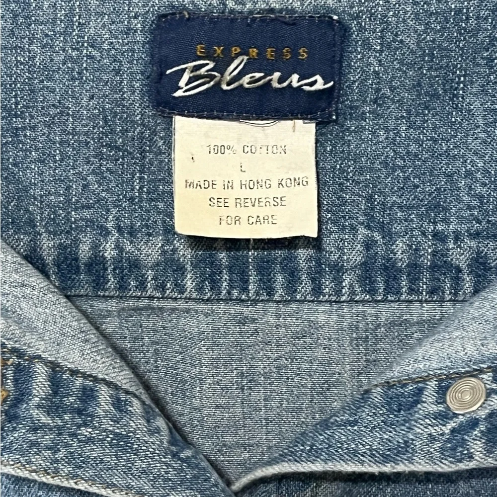 Vintage Express Bleus Blue Denim Distressed Button Long Sleeve Shirt Jacket LG - Picture 3 of 9